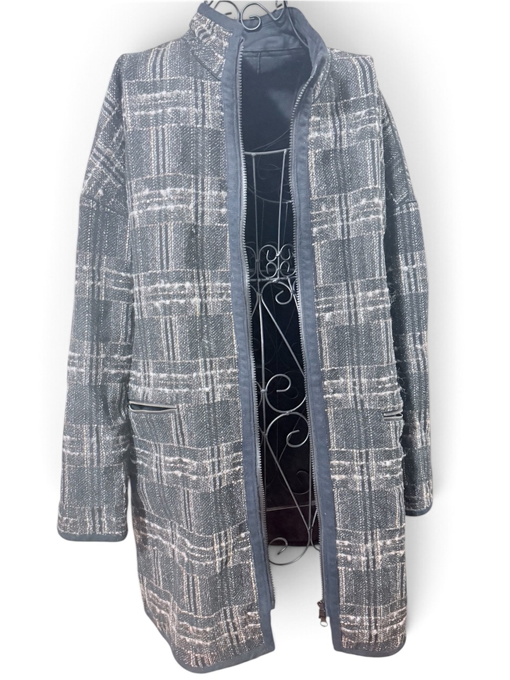 Yansi Fugel REVERSIBLE Tweed Plaid/Navy Long Zip Front Coat Size L